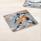 冬の鳥と柿 スクエアペーパーコースター (アングル)