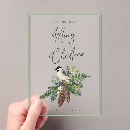 冬の鳥と素朴松のスプレー写真クリスマス アクリル招待状 (インサイチュ (ポータブル))
