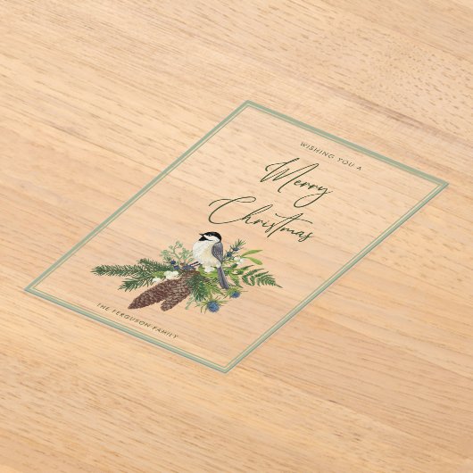 冬の鳥と素朴松のスプレー写真クリスマス アクリル招待状 (レイダウン)
