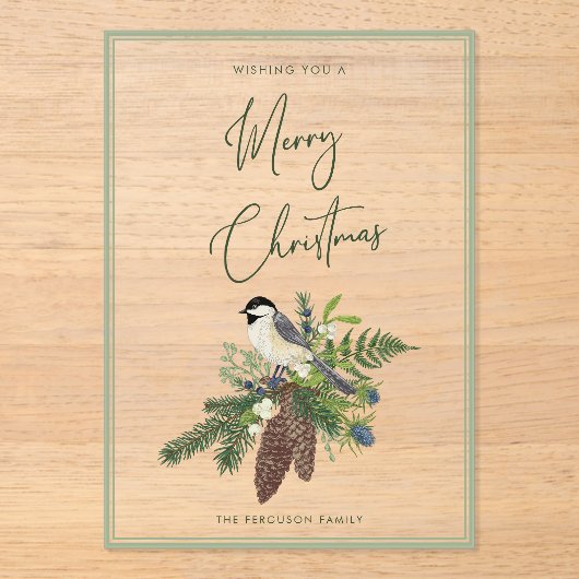 冬の鳥と素朴松のスプレー写真クリスマス アクリル招待状 (正面)