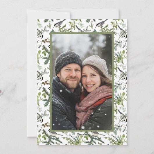 冬の鳥と素朴松のスプレー写真クリスマス シーズンカード (裏面)