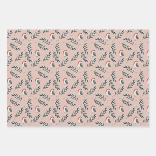 冬の鳥と離れのパターン ラッピングペーパーシート (正面)