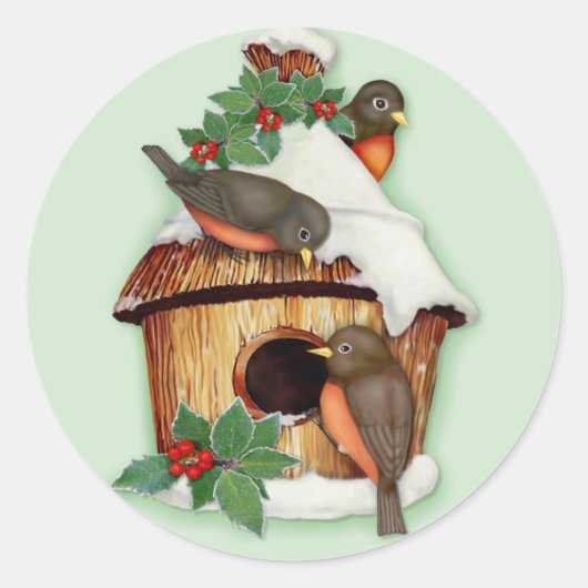 冬の鳥と鳥小屋 ラウンドシール (正面)