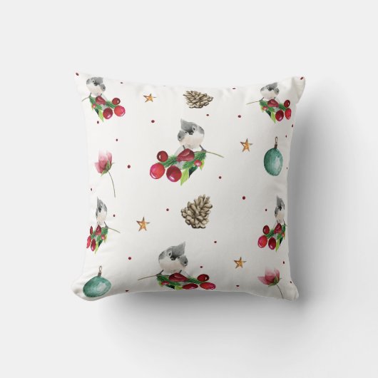 冬の鳥のタフテッドタイトマウスクリスマスパターン クッション (正面)