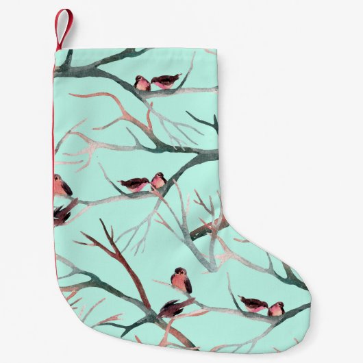冬の鳥の木の枝の水色 スモールクリスマスストッキング (正面)