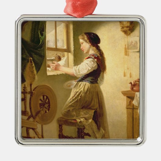 冬の鳥を食べ物を与えること メタルオーナメント (正面)