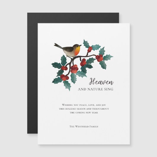 冬の鳥ホリーベリー磁気クリスマスカード (正面/裏面)