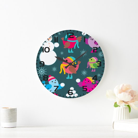 冬の鳥遊の雪と雪だるま ラージ壁時計