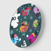 冬の鳥遊の雪と雪だるま ラージ壁時計 (傾斜)