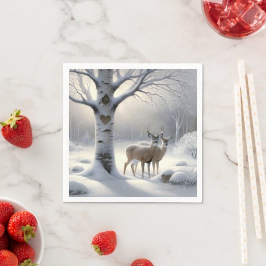 冬の鹿とハートの木に樺の木 スタンダードカクテルナプキン (インサイチュ)