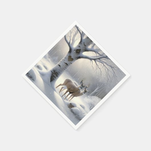 冬の鹿とハートの木に樺の木 スタンダードカクテルナプキン (角)