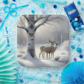 冬の鹿とハートの木に樺の木 ペーパープレート (パーティー)