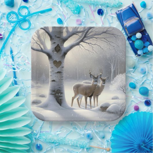 冬の鹿とハートの木に樺の木 ペーパープレート (パーティー)