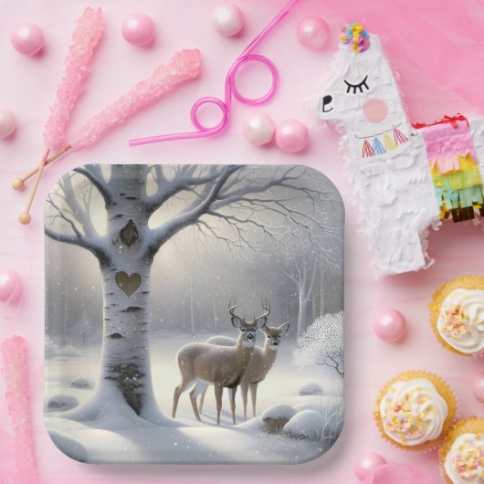 冬の鹿とハートの木に樺の木 ペーパープレート (パーティー)