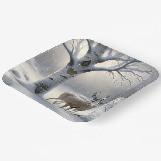 冬の鹿とハートの木に樺の木 ペーパープレート (傾斜あり)