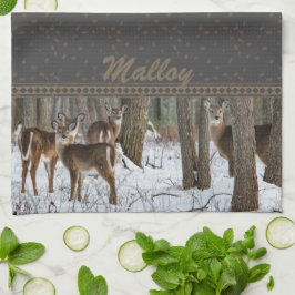 冬の鹿とピネコン キッチンタオル