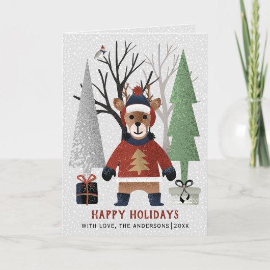 冬の鹿と木クリスマスの写真を折り畳んだ シーズンカード (正面)