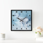 冬の鹿と松 スクエア壁時計 (ホーム)