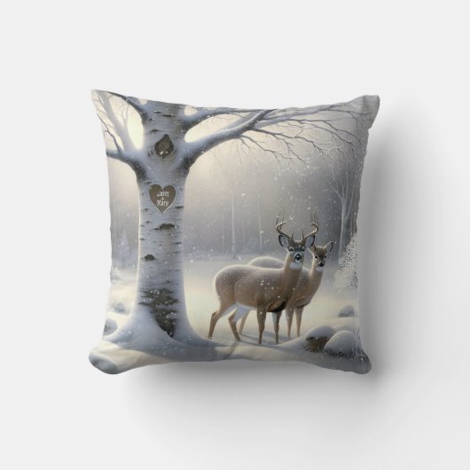 冬の鹿と樺の木ツリーハートと名前 クッション (正面)
