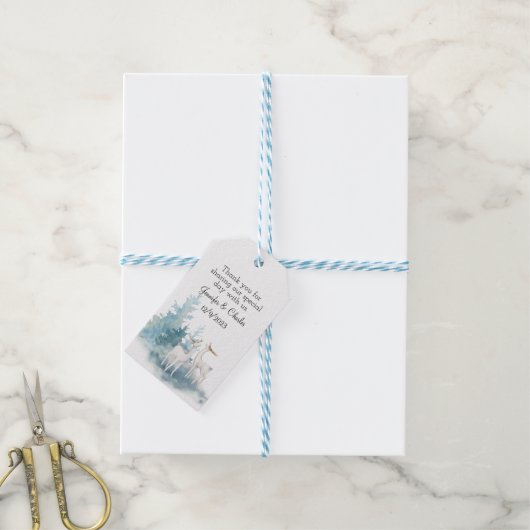 冬の鹿と葉の水の色結婚の ギフトタグ (より糸付き)