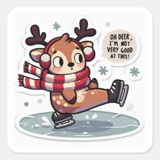 冬の鹿のステッカー – 愛らしいスケートで滑る スクエアシール