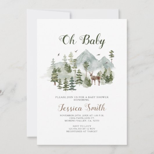 冬の鹿の動物ウッドランドボーイ赤ちゃんシャワー 招待状 (正面)