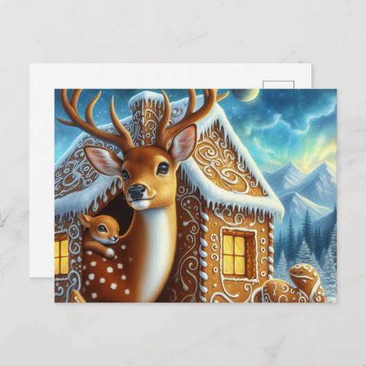 冬の鹿の家族ジンジャーブレッドハウス葉書 ポストカード (正面/裏面)