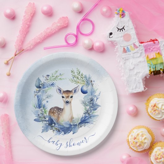 冬の鹿の水の色ベビーシャワー ペーパープレート (パーティー)