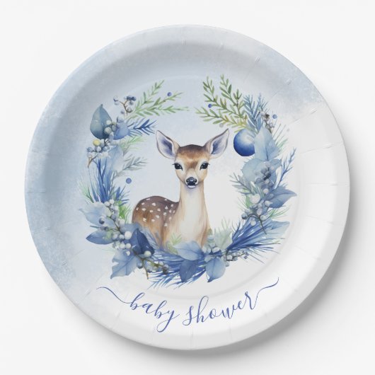 冬の鹿の水の色ベビーシャワー ペーパープレート (正面)