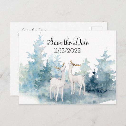 冬の鹿の水色の結婚式の日付を保存 ポストカード (正面/裏面)
