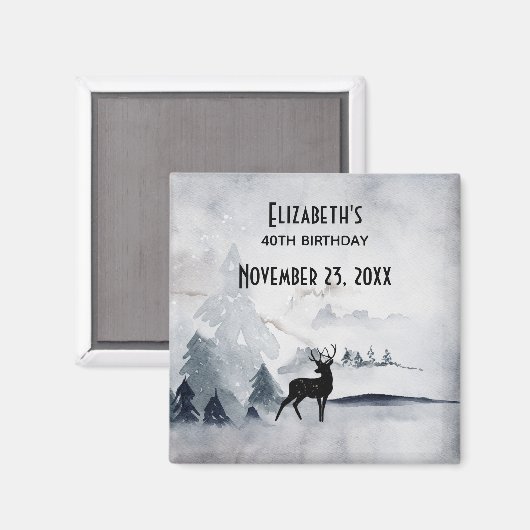 冬の鹿の牧歌的な灰色の水彩画の誕生日 マグネット (正面/裏面)