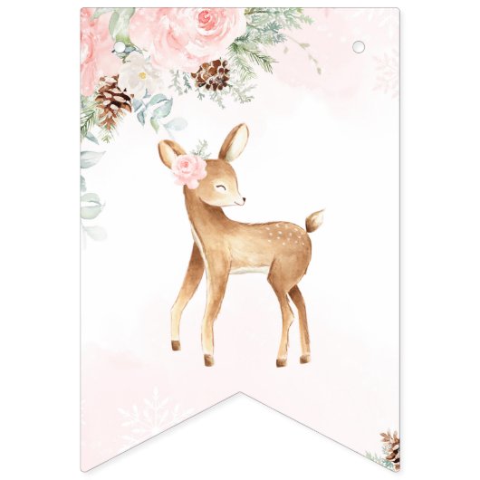 冬の鹿の赤面ウィンクエバーグリーン女の子の誕生日 バンティングフラッグ (第1の旗)