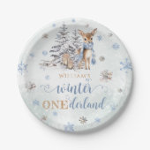 冬の鹿の雪片ワンダーランド1歳の誕生日 ペーパープレート (正面)