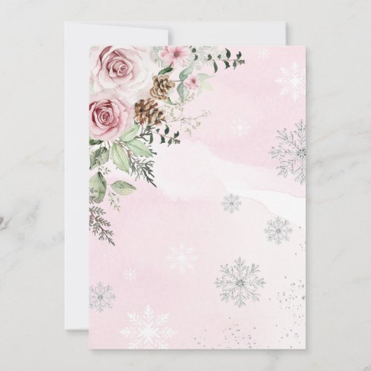 冬の鹿ピンクシルバーフローラガールベビーシャワー 招待状 (裏面)