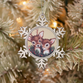 冬の鹿レトロヴィンテージ スノーフレークピューターオーナメント