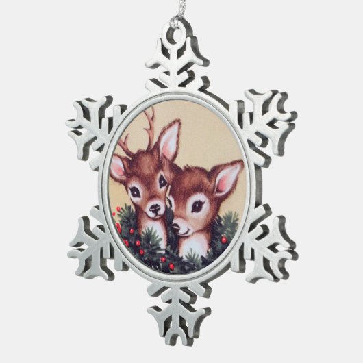 冬の鹿レトロヴィンテージ スノーフレークピューターオーナメント (右)