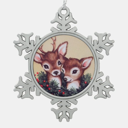 冬の鹿レトロヴィンテージ スノーフレークピューターオーナメント (正面)