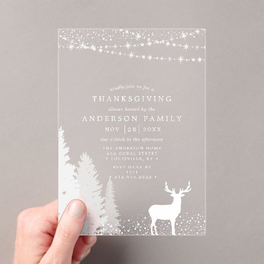 冬の鹿素朴の森の感謝祭ディナー アクリル招待状 (インサイチュ (ポータブル))