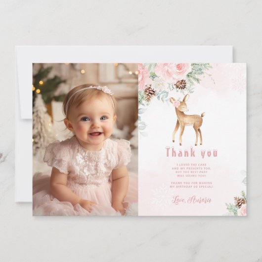 冬の鹿赤面ピンクの写真サンキューカード 招待状 (正面)