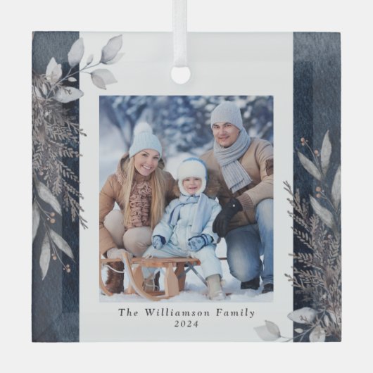 冬の黄褐色と灰色の葉の写真クリスマスブルー ガラスオーナメント (正面)