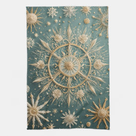 冬の黄金の抱擁：雪の結晶セレナーデ キッチンタオル
