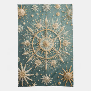 冬の黄金の抱擁:雪の結晶セレナーデ キッチンタオル
