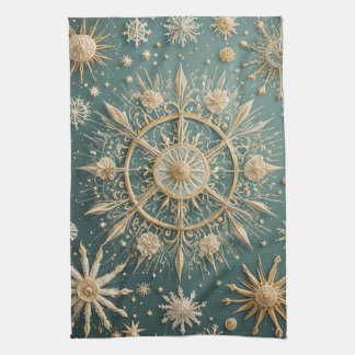 冬の黄金の抱擁：雪の結晶セレナーデ キッチンタオル