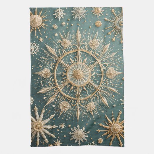 冬の黄金の抱擁:雪の結晶セレナーデ キッチンタオル (縦)