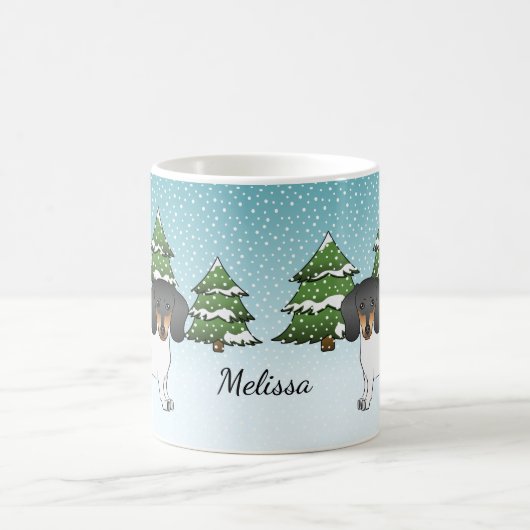 冬の黒とタンの短い髪のダシュント コーヒーマグカップ (中央)