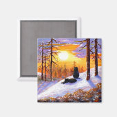 冬の黒猫の雪の森の国づくり マグネット (正面/裏面)