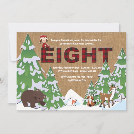 冬の８歳誕生日パーティーへの招待状 招待状 (正面)