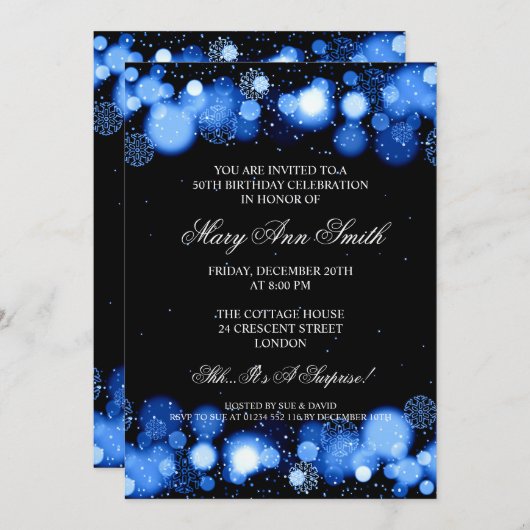 冬の50エレガント歳の誕生日パーティーブルー 招待状 (正面/裏面)