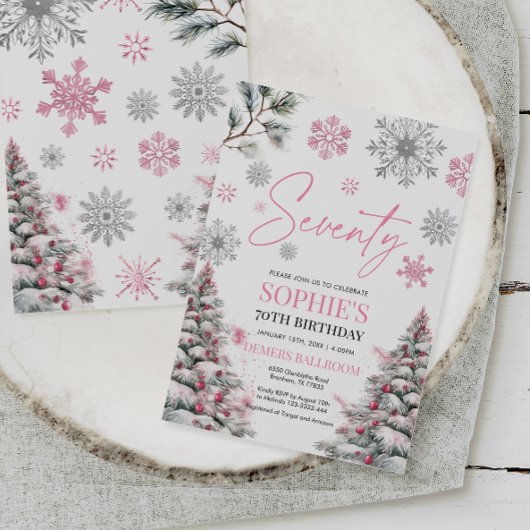 冬の70誕生日招待状、ピンクの冬 招待状