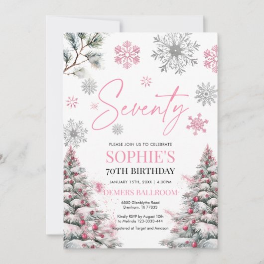 冬の70誕生日招待状、ピンクの冬 招待状 (正面)